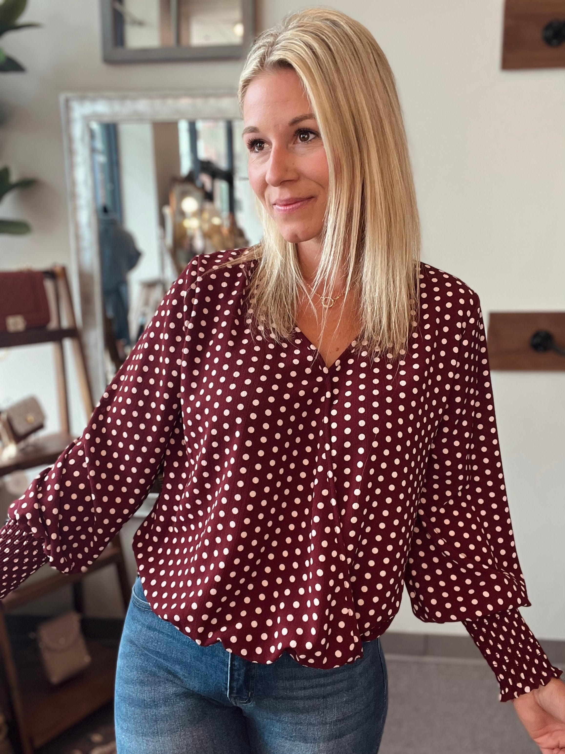 Red and white polka dot blouse new arrivals